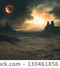 A desolate, rocky alien landscape with ancient ruins under a dramatic, cloudy sky. Two glowing celestial bodies and a setting sun create an intense, otherworldly atmosphere AI generated 130461856
