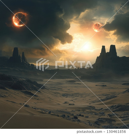 A desolate, rocky alien landscape with ancient ruins under a dramatic, cloudy sky. Two glowing celestial bodies and a setting sun create an intense, otherworldly atmosphere AI generated 130461856