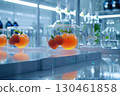 Fresh fruits are presented in illuminated glass containers within a sterile lab. The cool, science-fiction aesthetic implies a high-tech approach to food innovation and research AI generated 130461858