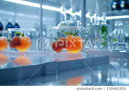 Fresh fruits are presented in illuminated glass containers within a sterile lab. The cool, science-fiction aesthetic implies a high-tech approach to food innovation and research AI generated 130461858