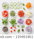 A flat lay grid of fresh salad ingredients is neatly arranged in small white bowls. Sliced cucumbers, cherry tomatoes, and various greens create a clean, minimalist composition AI generated 130461861