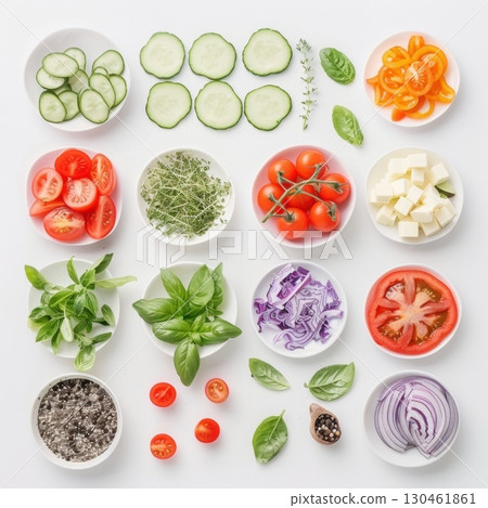A flat lay grid of fresh salad ingredients is neatly arranged in small white bowls. Sliced cucumbers, cherry tomatoes, and various greens create a clean, minimalist composition AI generated 130461861