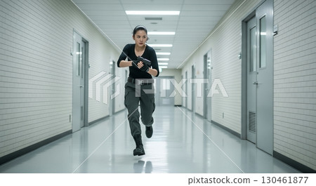 A woman running down a hallway with a gun 130461877
