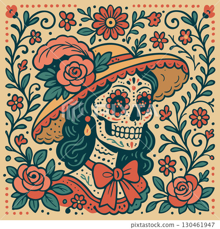 Mexican Catrina. Sugar skull in vintage coquette style decorated with delicate flowers. Vector ornate illustration Mexican Catrina. Sugar skull in vintage coquette style decorated with delicate flowers. Vector ornate illustration 130461947