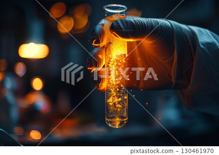 A hand in a glove holds a glowing test tube filled with vibrant liquid and shimmering particles, symbolizing innovation. 130461970