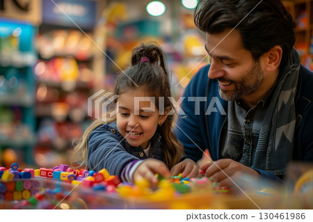 A joyful father and daughter playing together with colorful building blocks in a vibrant store setting. 130461986