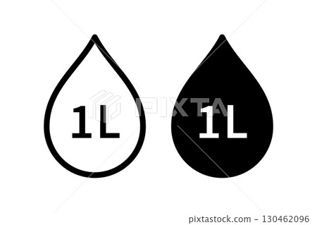 Water capacity icons set. Liquid volume symbol 1 liter. Water drop icon. Fluid volume. L sign. Scale for liquid or ingredient. Vector illustration isolated on white background Water capacity icons set. Liquid volume symbol 1 liter. Water drop icon. Fluid volume. L sign. Scale for liquid or ingredient. Vector illustration isolated on white background 130462096