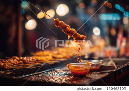 Savoring delight at a bustling night market with skewers and chili sauce 130462105