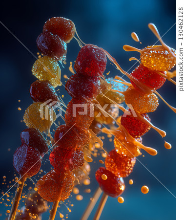 Colorful tanghulu skewers with liquid splashes create a vibrant display 130462128