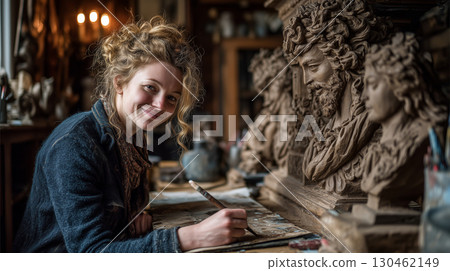 Creative woman perfecting her clay sculpture in a cozy art studio setting 130462149