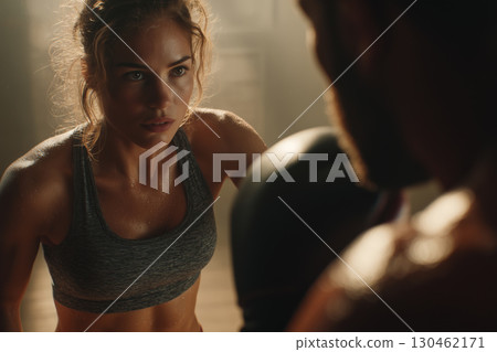 Intense fitness training session in a dimly lit gym with focused athletes 130462171