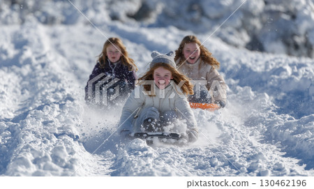 Friends joyfully sledding down a snowy hill in winter wonderland Friends joyfully sledding down a snowy hill in winter wonderland 130462196