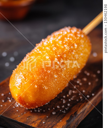 Delicious golden crispy corn dog with a sprinkle of sugar on a wooden platter Delicious golden crispy corn dog with a sprinkle of sugar on a wooden platter 130462198
