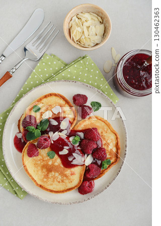 Homemade pancakes with yoghurt and fresh raspberry 130462363
