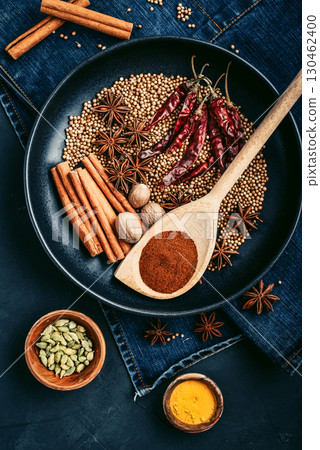 Mixed organic spices on ceramic plate 130462400