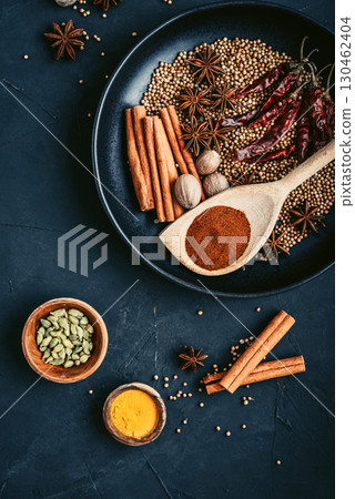 Mixed organic spices on ceramic plate Mixed organic spices on ceramic plate 130462404