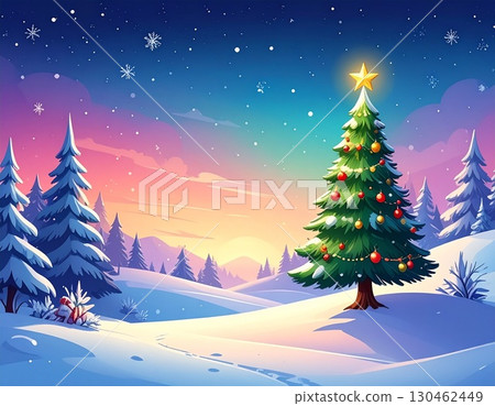Fantastic illustration of a winter landscape and Christmas tree 130462449