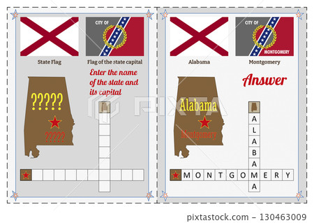Geography of the USA for kids. Question and answer. Flags, names, outline of the state and capital of Alabama. Crossword illustration. 130463009