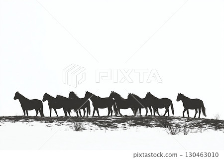 Illustration of a herd of horses in ink painting style 130463010
