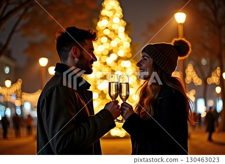 Crop close up of man and woman hold glasses with champagne clink greet congratulate with New Year. Couple celebrate Christmas winter holidays at home together, wish luck and joy. Celebration concept. 130463023