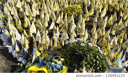 Many small flags of Ukraine with names of the dead war against russia. Memorial of the fallen soldiers, children, women in the center of Kyiv. Concept of tragedy and misfortune. Closeup 130463225