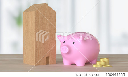 The Piggy Bank and House for saving or earn concept 3d Rendering. The Piggy Bank and House for saving or earn concept 3d Rendering. 130463335