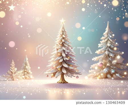 A fantastically sparkling snowy Christmas tree and a winter starry sky 130463409