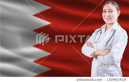 Female doctor on Bahrain flag. Doctor with crossed arms on Bahrain flag. Bahrain health and care concept 130463419