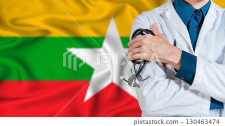 Doctor with stethoscope on Myanmar flag. Doctor holding stethoscope on Myanmar flag 130463474