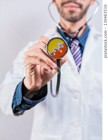 Bhutan health and medical insurance concept. Bhutan healthcare system, doctor holding stethoscope 130463510