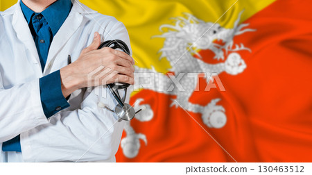 Doctor with stethoscope on Bhutan flag. Doctor holding stethoscope on Bhutan flag 130463512