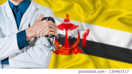 Doctor with stethoscope on Brunei flag. Doctor holding stethoscope on Brunei flag 130463517