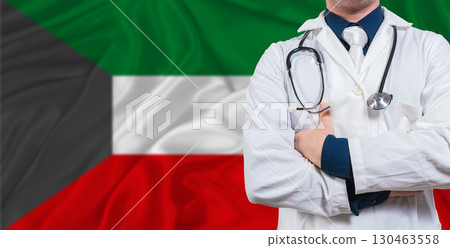 Male doctor with stethoscope on Kuwait flag. Doctor holding stethoscope on Kuwait flag 130463558