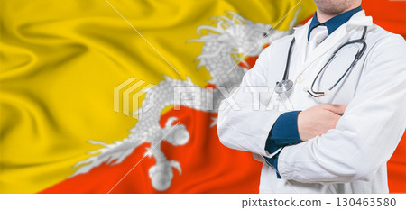 Bhutan healthcare concept. Male doctor on Bhutan flag. Doctor with crossed arms on Bhutan flag 130463580