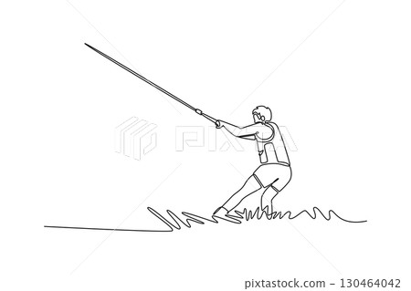 Continuous one line drawing man wakeboarding on the water, being towed by a boat. Athletic skill, balance, and the thrilling motion of the sports. Single line draw design vector graphic illustration Continuous one line drawing man wakeboarding on the water, being towed by a boat. Athletic skill, balance, and the thrilling motion of the sports. Single line draw design vector graphic illustration 130464042