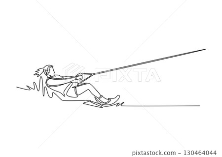 Continuous one line drawing female wakeboarding in low, dynamic stance on the water, being towed by boat. Athletic skill, balance, thrilling motion. Single line draw design vector graphic illustration 130464044