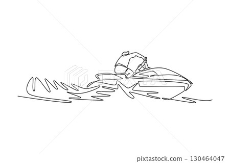 Continuous one line drawing young active man riding into a turn on a jet ski. Representing excitement, leisure, and adventure of aquatic lifestyle. Single line draw design vector graphic illustration 130464047