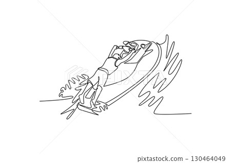 Continuous one line drawing attractive male athlete leaning into a turn on a jet ski, symbolizing speed, freedom, and the thrill of a water sport. Single line draw design vector graphic illustration Continuous one line drawing attractive male athlete leaning into a turn on a jet ski, symbolizing speed, freedom, and the thrill of a water sport. Single line draw design vector graphic illustration 130464049
