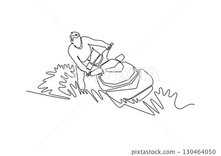 Continuous one line drawing young sportsman riding into turn on a jet ski. Representing excitement, leisure, and adventure of the aquatic lifestyle. Single line draw design vector graphic illustration 130464050