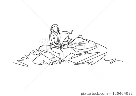 Single continuous line drawing woman riding jet ski or personal watercraft. Representing excitement, leisure, and adventure of the aquatic lifestyle. One line draw graphic design vector illustration 130464052