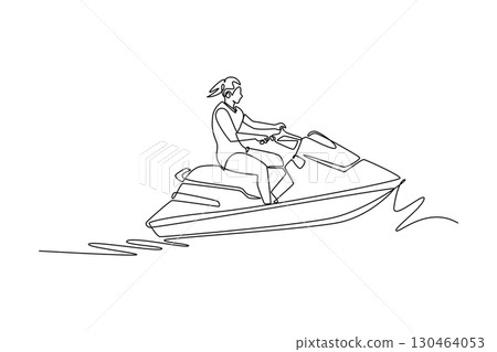 Single one line drawing young female athlete riding a jet ski on the water. Symbolizing speed, freedom, and the thrill of a water sport. Modern continuous line draw design graphic vector illustration 130464053