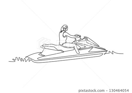 Single continuous line drawing back view of female athlete riding a jet ski on the water, symbolizing speed, freedom, and the thrill of a water sport. One line draw graphic design vector illustration 130464054
