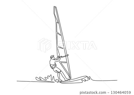 Single continuous line drawing attractive male athlete windsurfing on a wave. Athletic skill, freedom, and the energetic power of the wind and ocean. One line draw graphic design vector illustration Single continuous line drawing attractive male athlete windsurfing on a wave. Athletic skill, freedom, and the energetic power of the wind and ocean. One line draw graphic design vector illustration 130464059