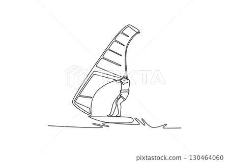 Single continuous line drawing energic male athlete windsurfing on small wave. Athletic skill, freedom, and the energetic power of the wind and ocean. One line draw graphic design vector illustration Single continuous line drawing energic male athlete windsurfing on small wave. Athletic skill, freedom, and the energetic power of the wind and ocean. One line draw graphic design vector illustration 130464060