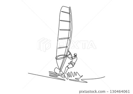 Single one line drawing back view of female athlete windsurfing on a wave. Athletic skill, freedom, and energetic power of the wind and ocean. Continuous line draw design graphic vector illustration 130464061