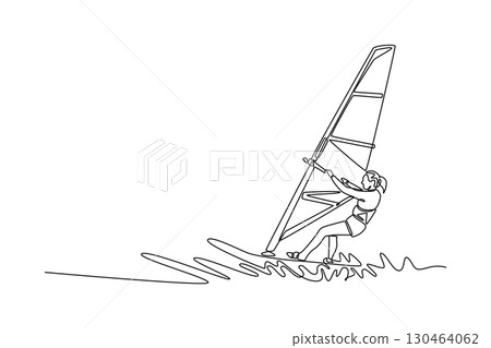 Single one line drawing beauty female athlete windsurfing on a wave. Athletic skill, freedom, and energetic power of the wind and ocean. Modern continuous line draw design graphic vector illustration 130464062