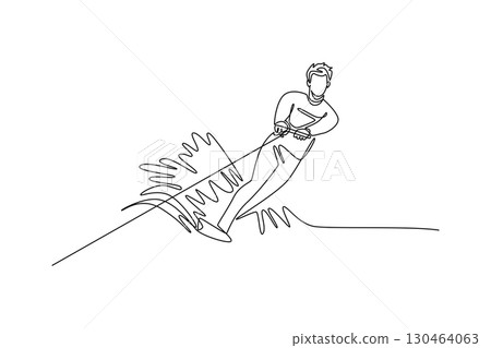 Single one line drawing professional male athlete carving wakeboarding turn. Athletic skill, balance, and thrilling freedom of the sport. Modern continuous line draw design graphic vector illustration 130464063