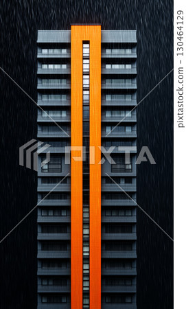 modern building with striking orange accent stands tall against heavy rain, creating dramatic visual effect. contrast of colors and cascading water evoke sense of urban resilience 130464129