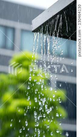 Water cascading from building edge during heavy rain creates beautiful waterfall effect, surrounded by lush greenery. scene captures refreshing essence of nature 130464130