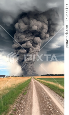 dramatic funnel cloud forming from storm, showcasing swirling dark clouds over rural road. scene captures power of nature and impending storm 130464173